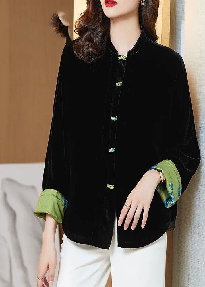 Black Stand Collar Oriental Button Warm Silk Velour Coats Winter