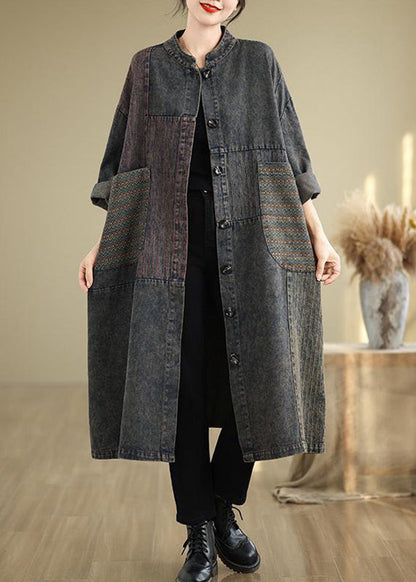 Black Stand Collar Pockets Patchwork Long Trench Coat Fall