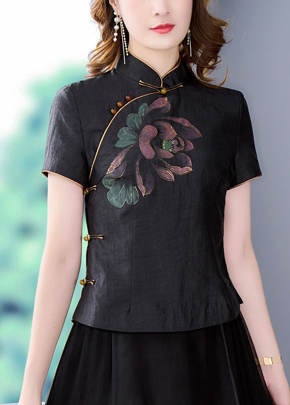 Black Stand Collar Print Chinese Button Silk Shirt Tops Summer