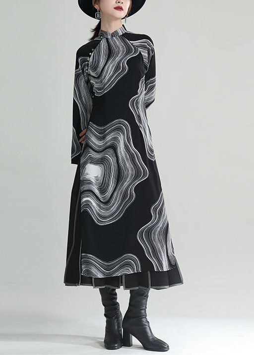 Black Stand Collar Print Side Open Cheongsam Dresses Fall