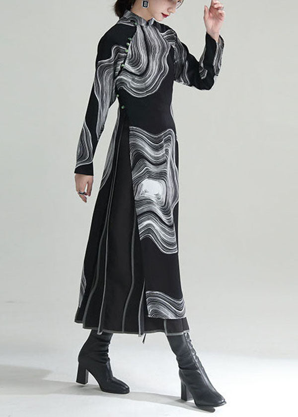 Black Stand Collar Print Side Open Cheongsam Dresses Fall