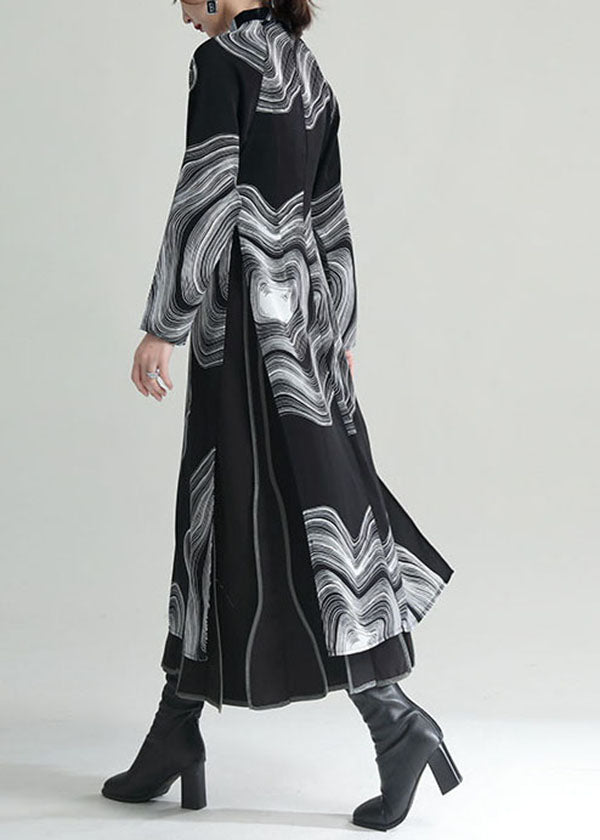 Black Stand Collar Print Side Open Cheongsam Dresses Fall
