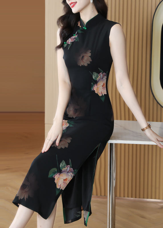 Black Stand Collar Print Side Open Chiffon Dresses Sleeveless