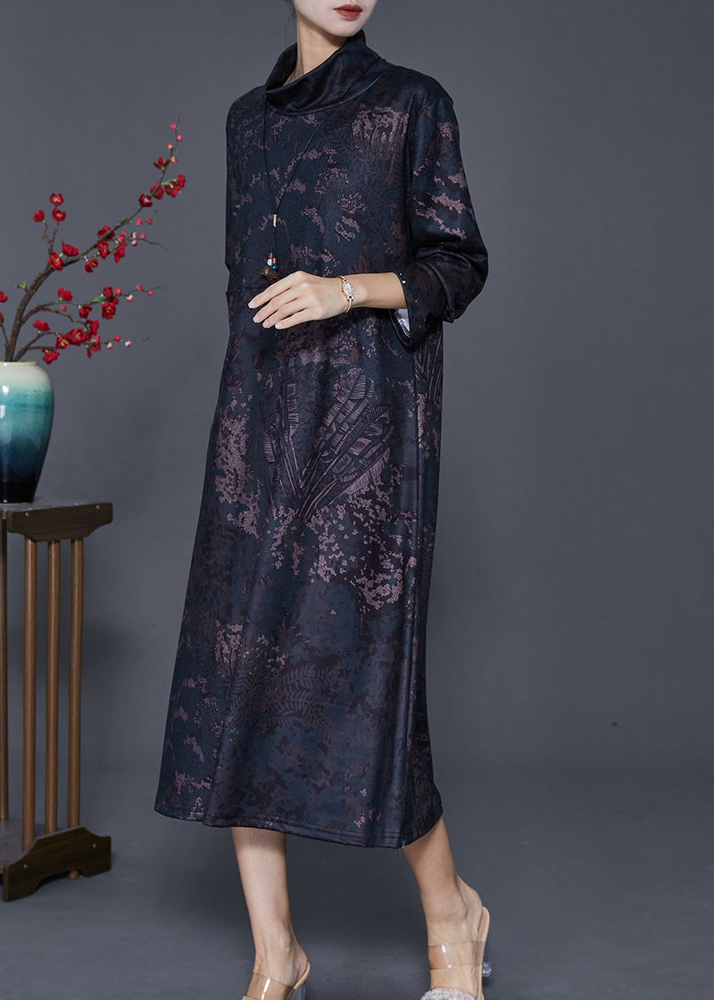 Black Stand Collar Print Warm Fleece Long Dress Winter