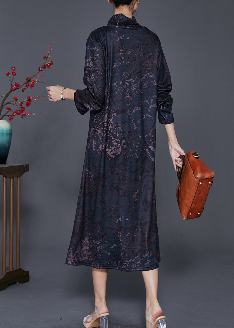 Black Stand Collar Print Warm Fleece Long Dress Winter