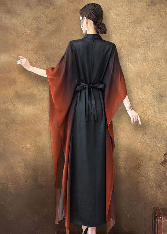 Black Stand Collar Sashes Silk Vacation Dresses Batwing Sleeve