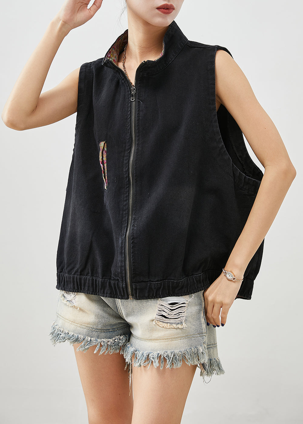 Black Stand Collar Zippered Denim Vest Fall