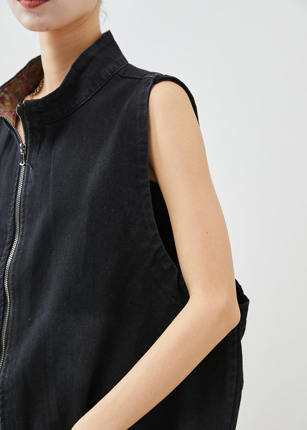 Black Stand Collar Zippered Denim Vest Fall