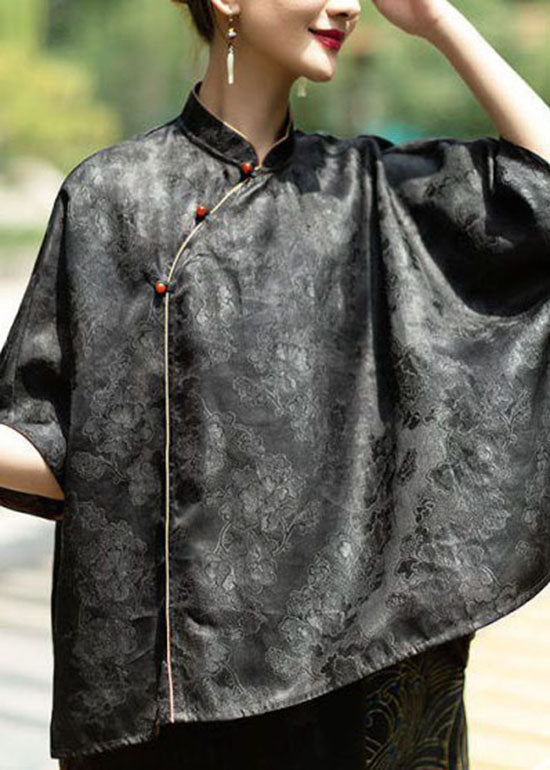 Black Stand Collar Low High Design Jacquard Silk Tops Batwing Sleeve
