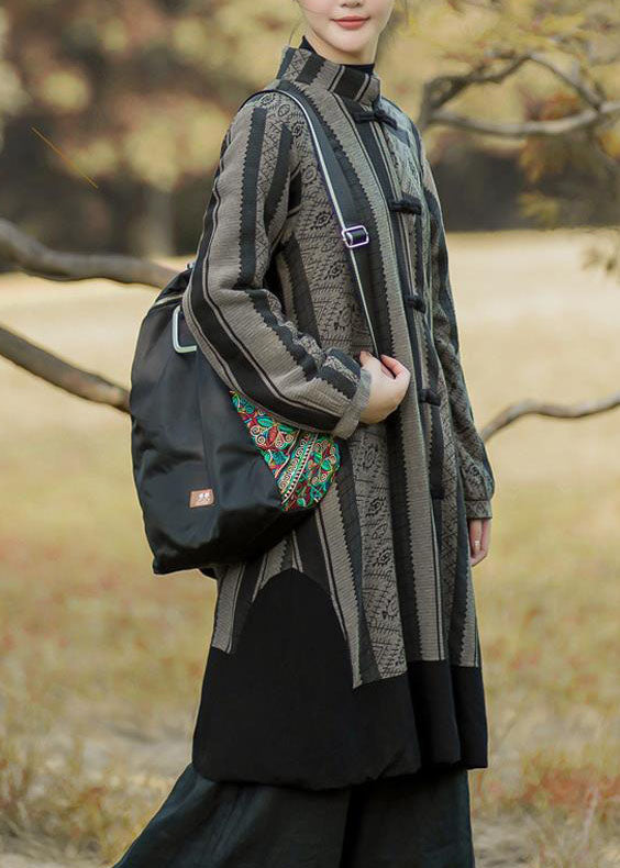 Black Striped Patchwork Oriental Button Warm Fleece Long Coats Winter