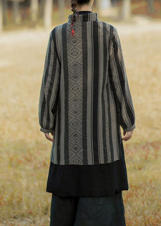 Black Striped Patchwork Oriental Button Warm Fleece Long Coats Winter