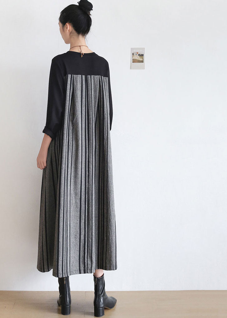 Black Striped Pockets Patchwork Linen Holiday Dress Long Sleeve