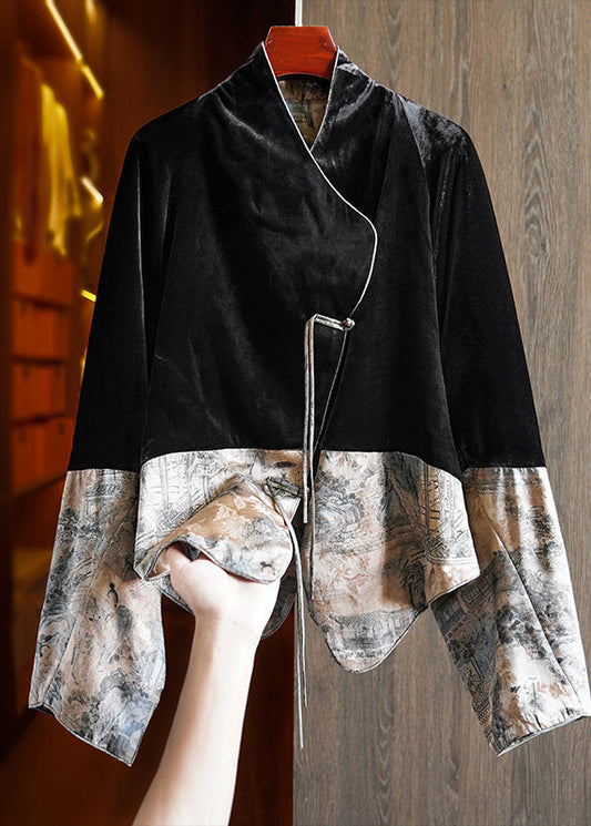 Black Tasseled Print Patchwork Silk Velour Coats Fall