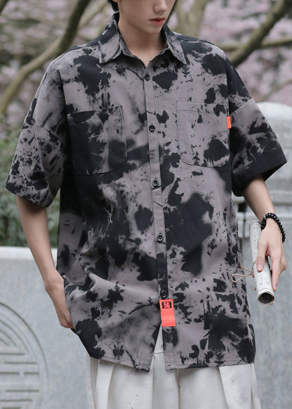Black Tie Dye Pockets Ice Silk Shirts Summer