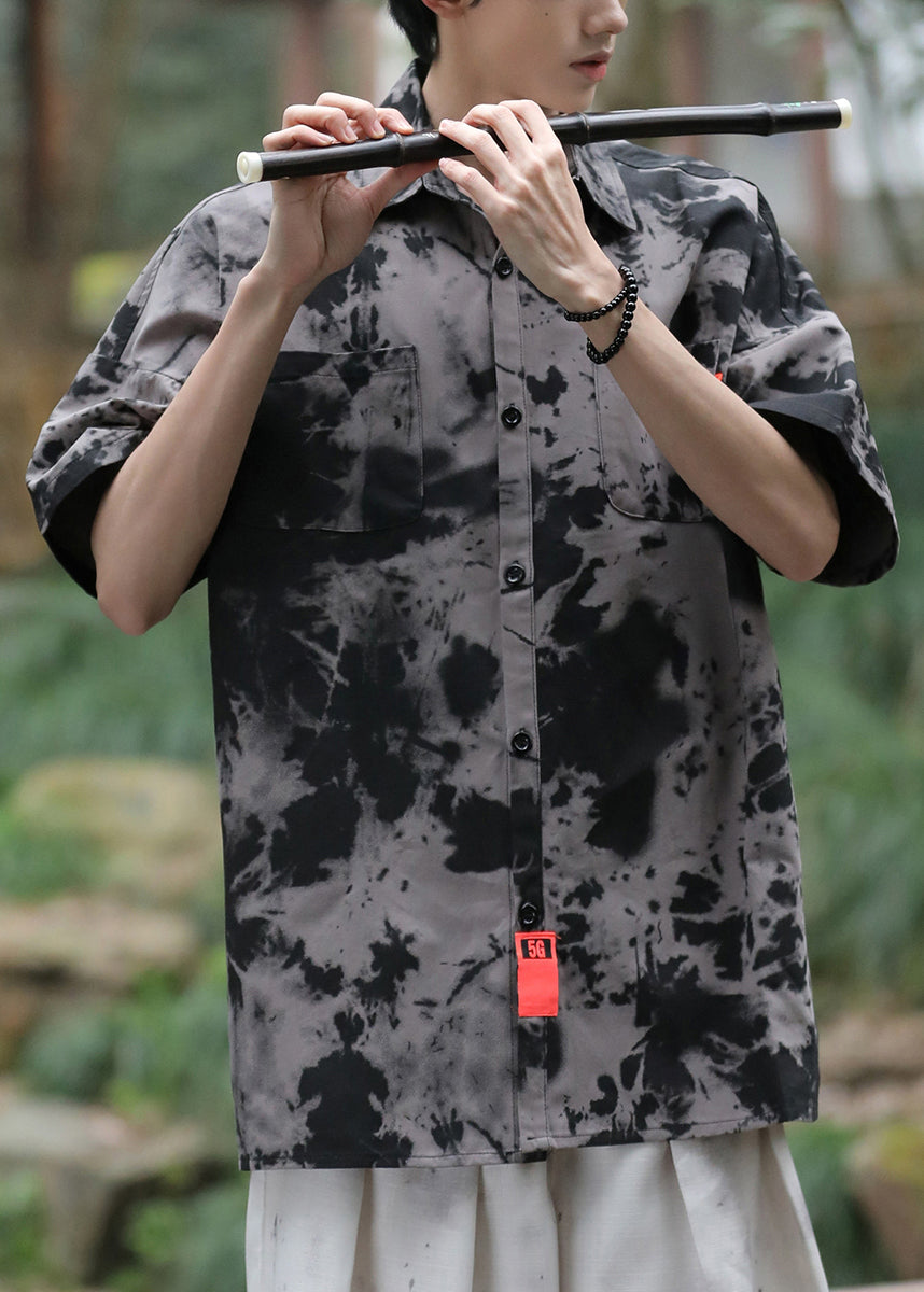 Black Tie Dye Pockets Ice Silk Shirts Summer