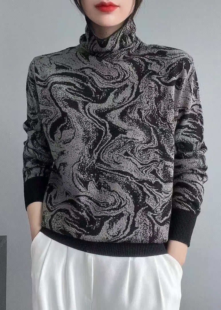 Black Tie Dye Turtleneck Knit Sweaters Long Sleeve