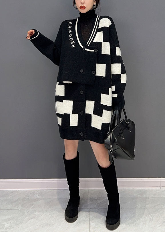Black Turtle Neck Patchwork Plaid Knit Fake Two Piece Long Sweater Winter