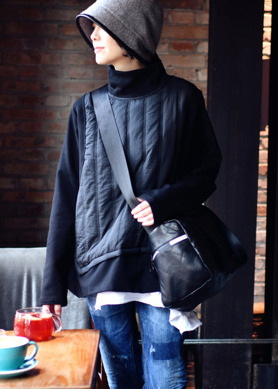 Black Turtleneck Fake Two Pieces Patchwork Sweatshirts Winter