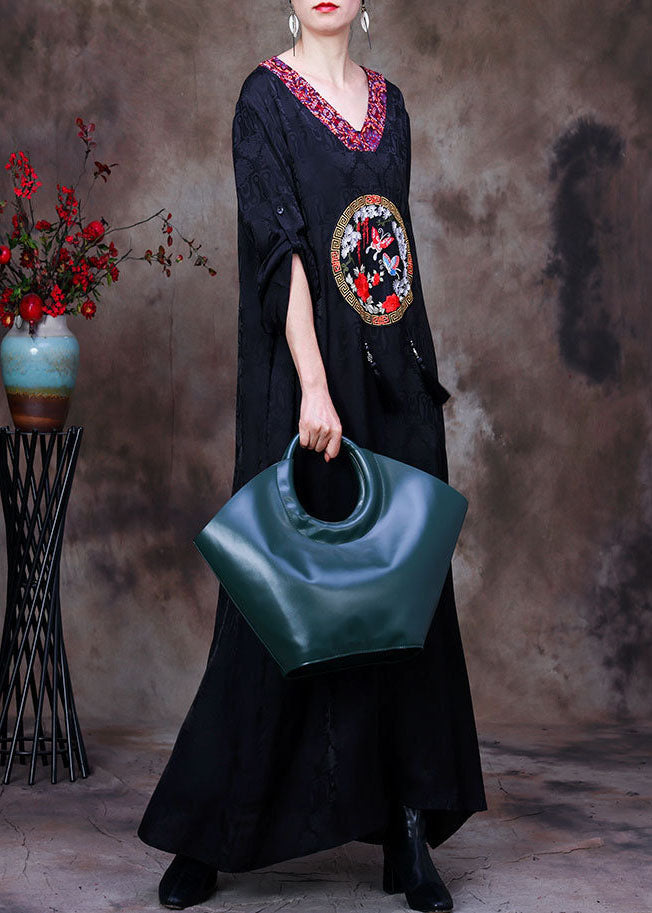 Black V Neck Butterfly Embroideried Tassel Silk Long Dresses Long Sleeve