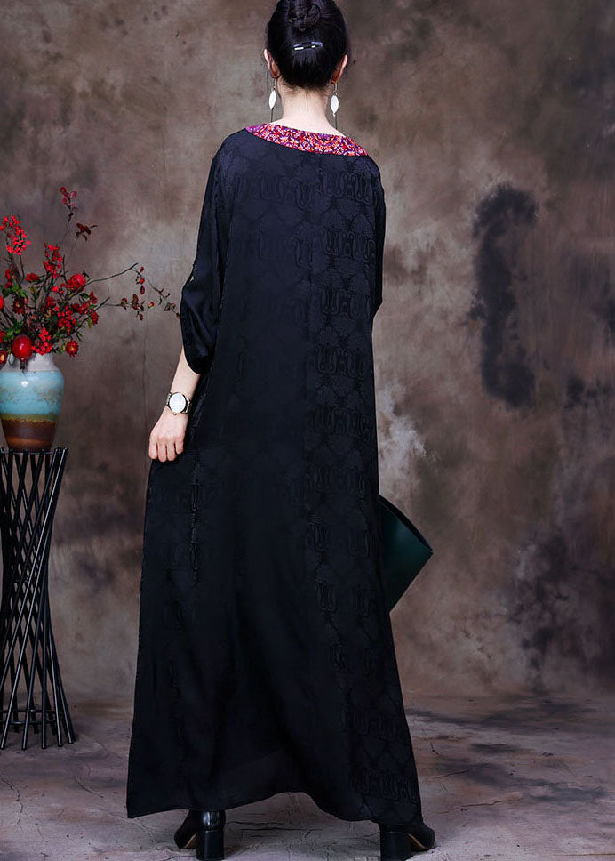 Black V Neck Butterfly Embroideried Tassel Silk Long Dresses Long Sleeve