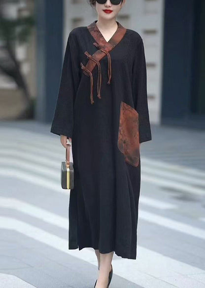 Black V Neck Chinese Button Pockets Cotton Dresses Spring