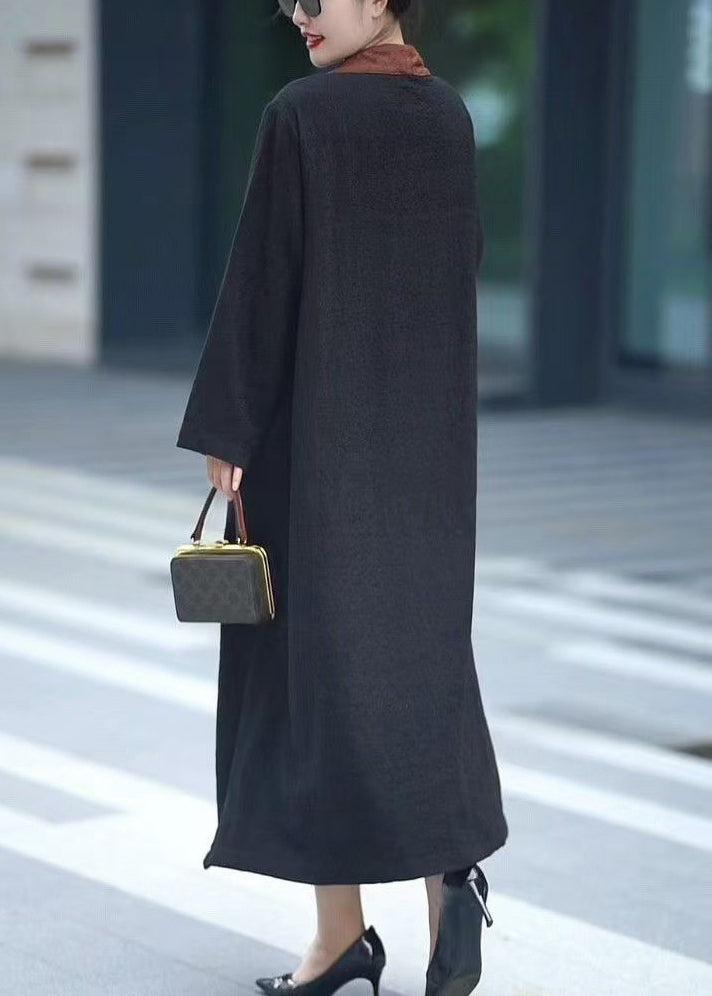 Black V Neck Chinese Button Pockets Cotton Dresses Spring