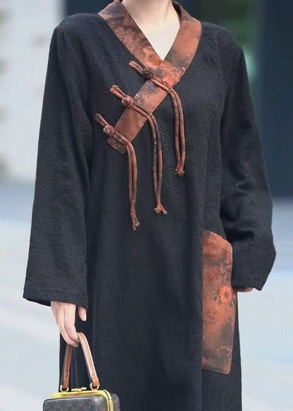 Black V Neck Chinese Button Pockets Cotton Dresses Spring