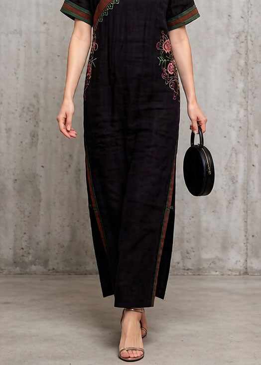 Black V Neck Embroidered Cotton Dress Summer