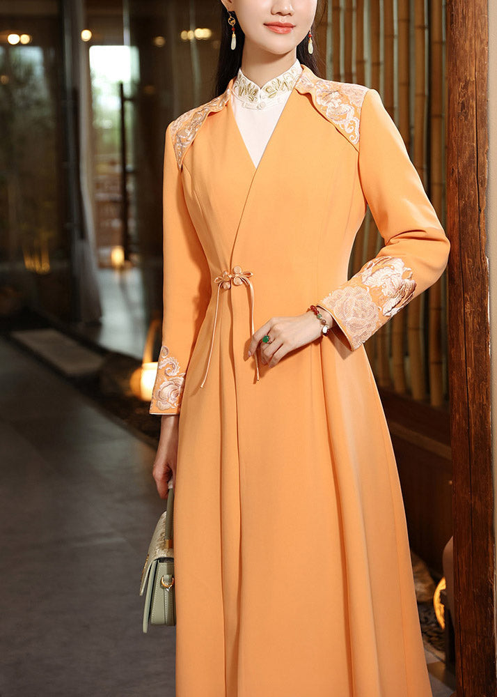 Black V Neck Embroideried Button Long Coats Fall