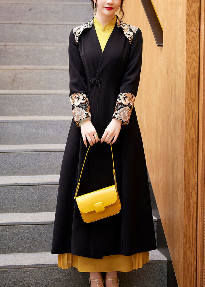 Black V Neck Embroideried Button Long Coats Fall