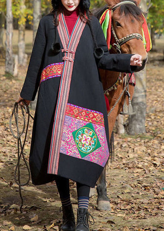Black V Neck Embroideried Patchwork Applique Fine Cotton Filled Long Coats Winter