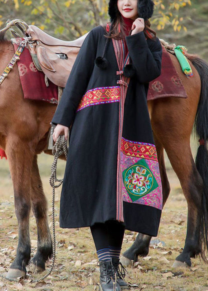 Black V Neck Embroideried Patchwork Applique Fine Cotton Filled Long Coats Winter
