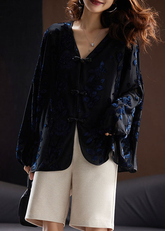 Black V Neck Embroidered Velour Shirt Fall