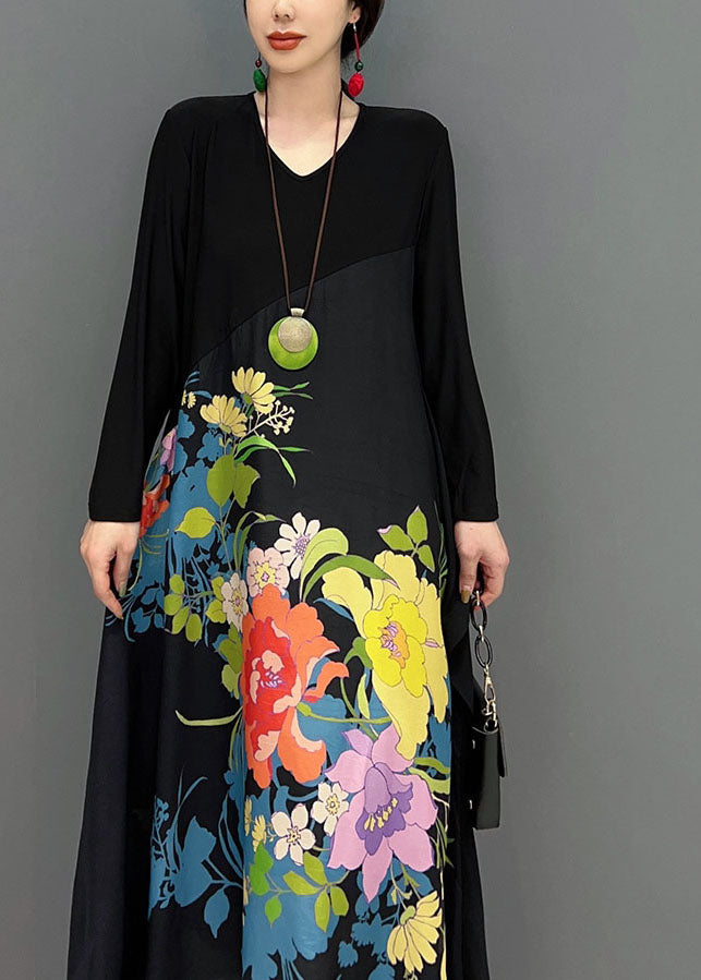 Black V Neck Patchwork Print a Line Dress Spring