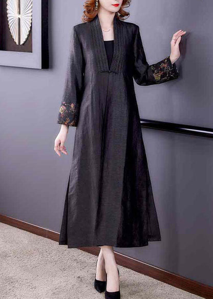 Black V Neck Patchwork Side Open Silk Trench Coats Fall