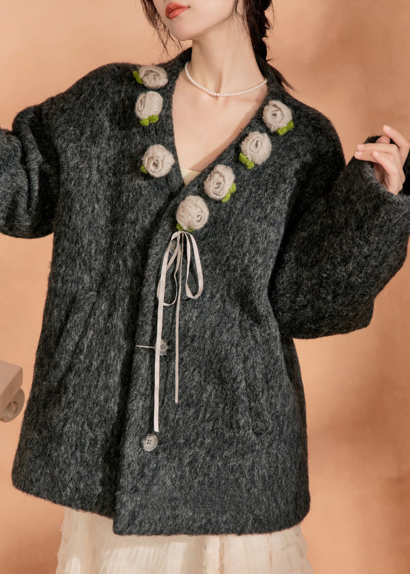 Black V Neck Pockets Woolen Coat Spring