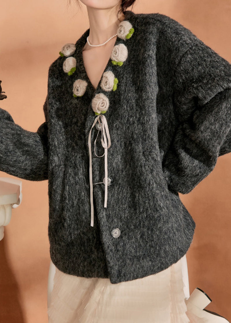 Black V Neck Pockets Woolen Coat Spring