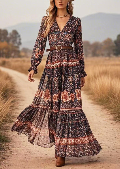 Black V Neck Print Long Dresses Spring