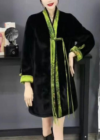 Black V Neck Print Mink Velvet Button Warm Wear on Both Sides Coat Winter