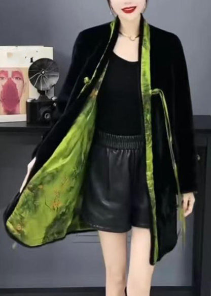 Black V Neck Print Mink Velvet Button Warm Wear on Both Sides Coat Winter