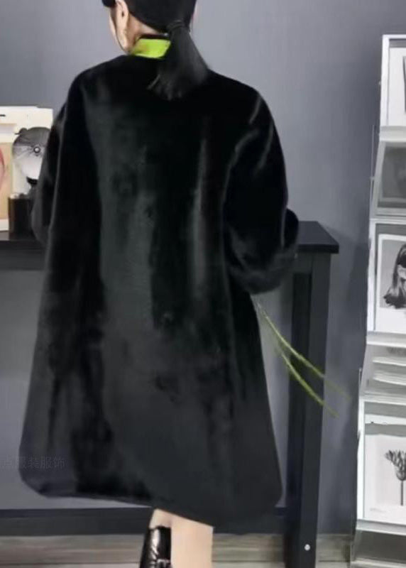 Black V Neck Print Mink Velvet Button Warm Wear on Both Sides Coat Winter