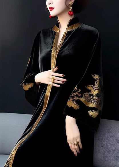 Black V Neck Print Patchwork Silk Velour Long Dresses Fall
