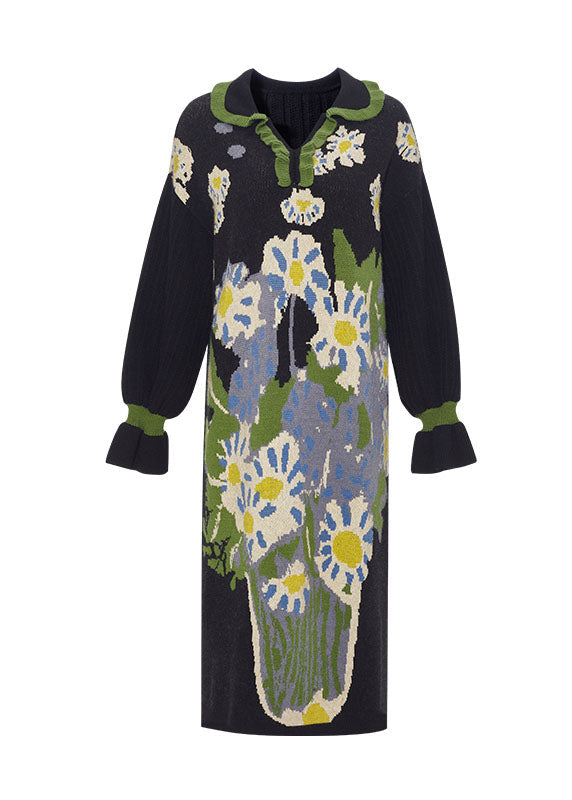 Black V Neck Print Ruffled Patchwork Cotton Knit Long Dress Fall