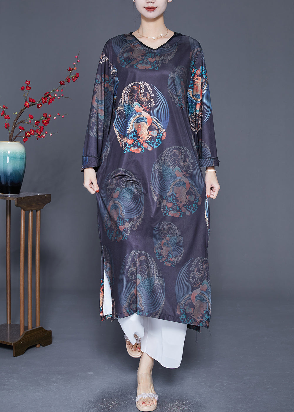 Black V Neck Print Side Open Silk Long Dress Long Sleeve
