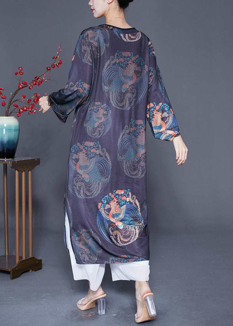 Black V Neck Print Side Open Silk Long Dress Long Sleeve