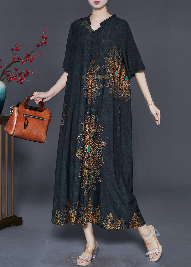 Black V Neck Print Silk Long Dresses Summer