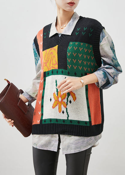 Black V Neck Print Thick Knit Pullover Spring
