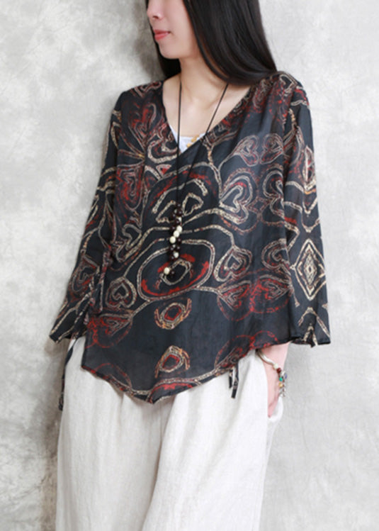 Black V Neck Print Tie Waist Linen Shirt Long Sleeve
