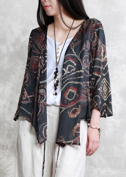 Black V Neck Print Tie Waist Linen Shirt Long Sleeve
