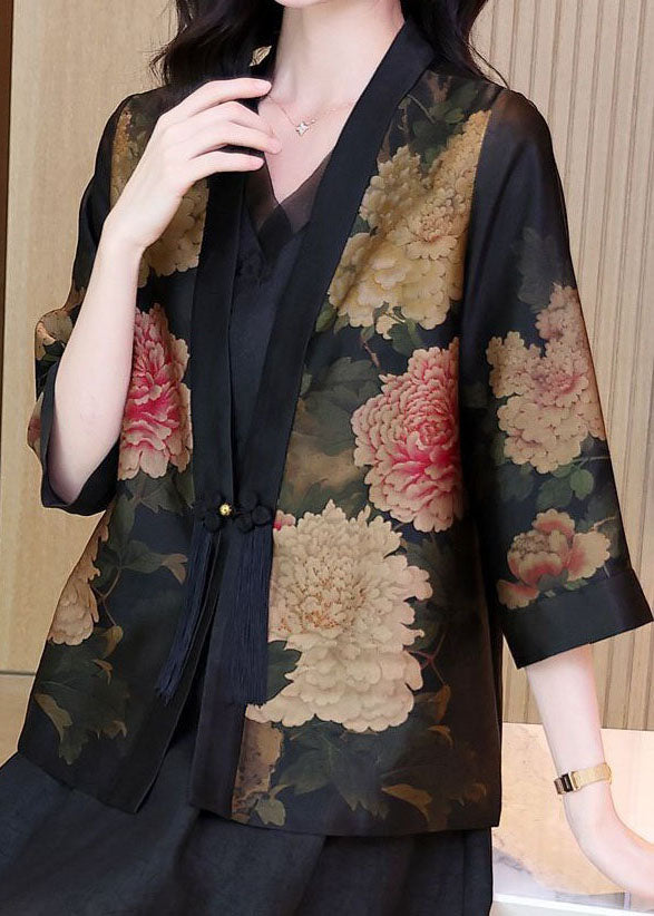 Black V Neck Tasseled Print Patchwork Silk Jackets Spring